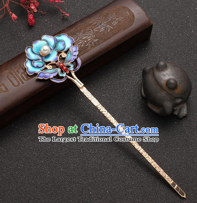 Traditional China Ancient Imperial Concubine Hairpin Ming Dynasty Blueing Peony Hair Stick