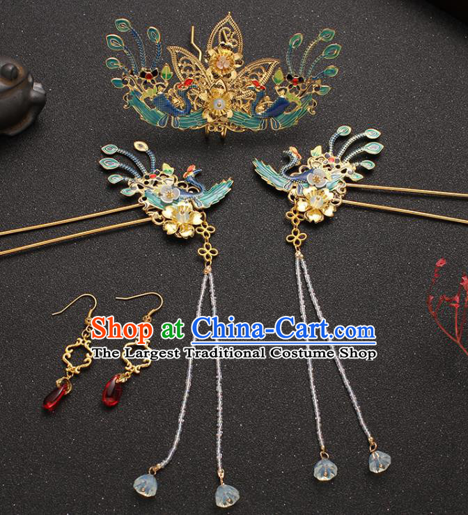 Traditional China Ancient Palace Lady Hair Accessories Ming Dynasty Blueing Hair Crown and Tassel Hairpins