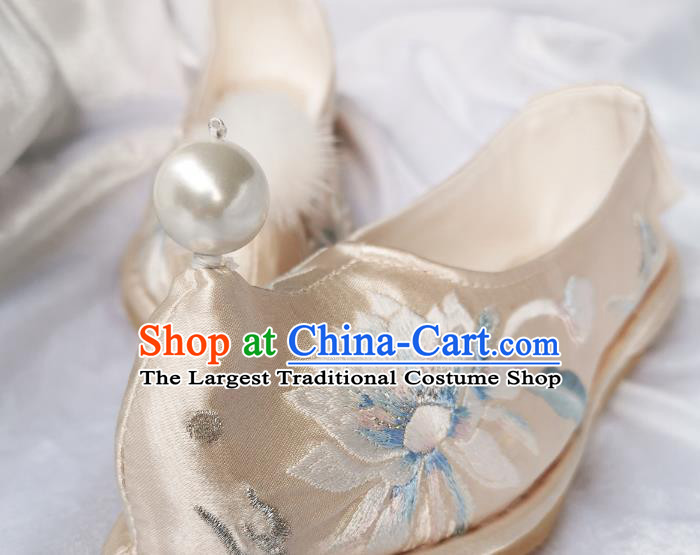 Handmade Chinese Light Golden Satin Bow Shoes Traditional Ming Dynasty Princess Shoes Embroidered Epiphyllum Shoes