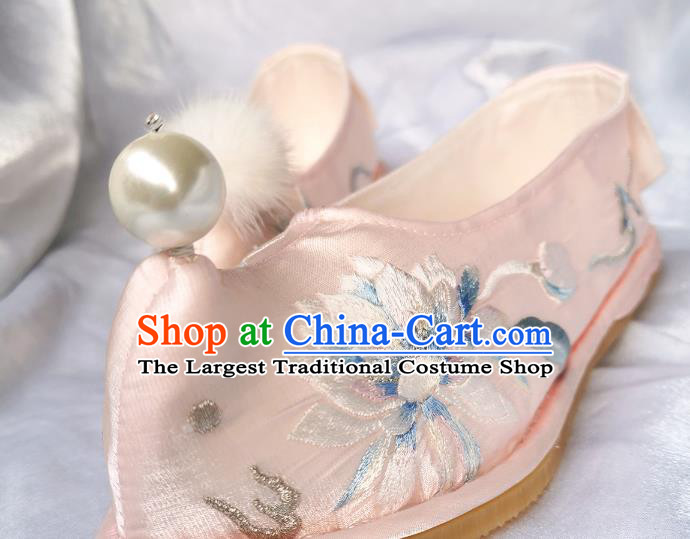 Handmade Chinese Pink Satin Shoes Traditional Ming Dynasty Princess Shoes Embroidered Epiphyllum Bow Shoes