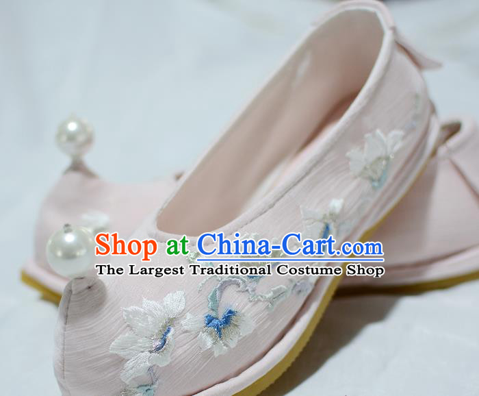 Handmade Chinese Embroidered Mangnolia Shoes Pink Satin Shoes Traditional Hanfu Princess Shoes