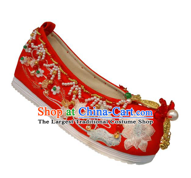 Chinese Ming Dynasty Bride Shoes Embroidered Lotus Shoes Handmade Red Satin Shoes Traditional Wedding Shoes