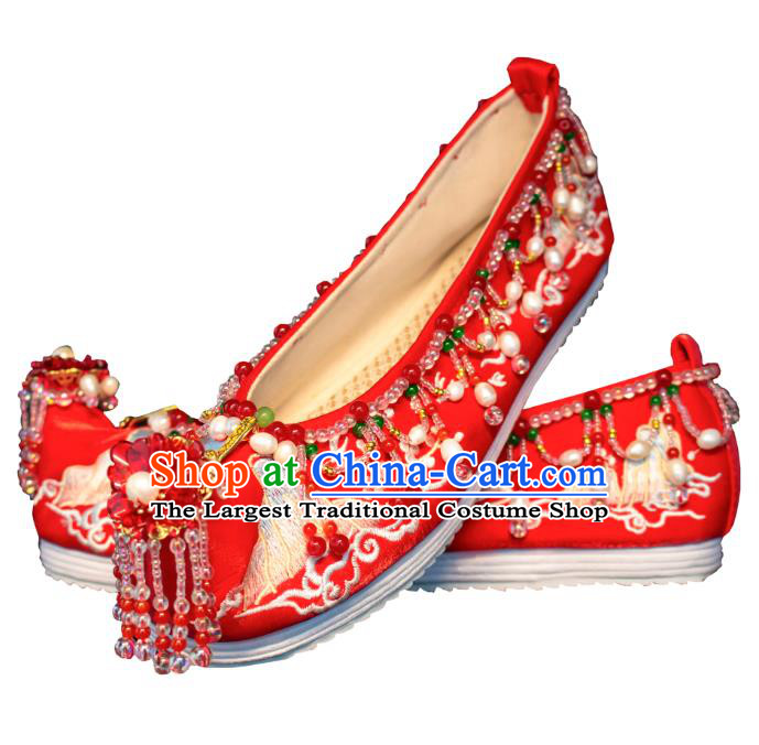 Chinese Bride Shoes Embroidered Shoes Handmade Red Shoes Traditional Red Beads Tassel Wedding Shoes