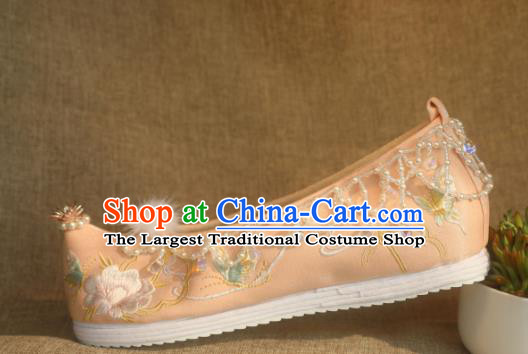 Chinese Champagne Satin Shoes Handmade Beads Tassel Shoes Traditional Embroidered Peony Shoes