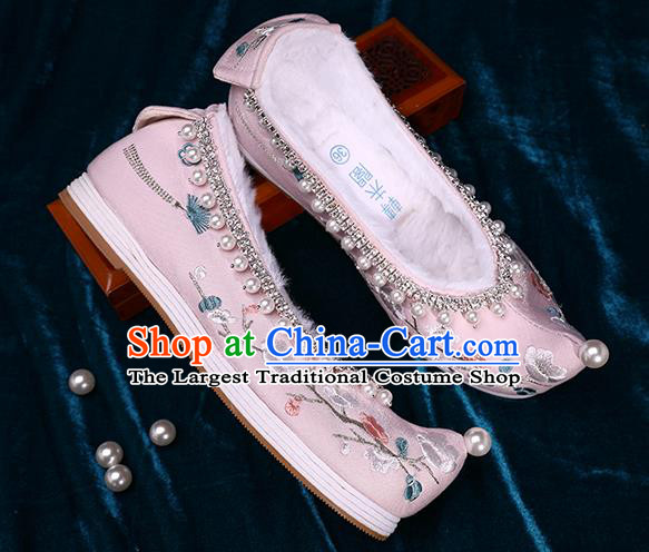 Chinese Traditional Embroidered Plum Blossom Shoes Handmade Pearls Shoes Ancient Princess Pink Satin Shoes