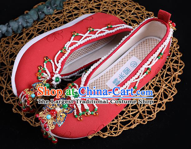 Chinese Handmade Red Cloth Shoes Ancient Princess Shoes Traditional Beads Tassel Shoes