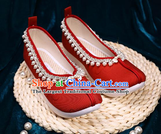 Chinese Handmade Wedding Red Cloth Shoes Ancient Princess Shoes Traditional Hanfu Pearls Shoes