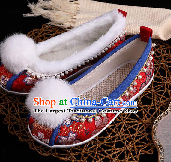 Chinese Ancient Tang Dynasty Palace Lady Shoes Traditional Hanfu Pearls Shoes Handmade Wedding Red Brocade Shoes