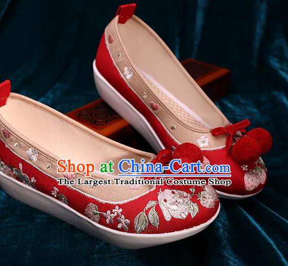 Chinese Traditional Hanfu Shoes Ancient Tang Dynasty Shoes Handmade Embroidered Red Brocade Shoes