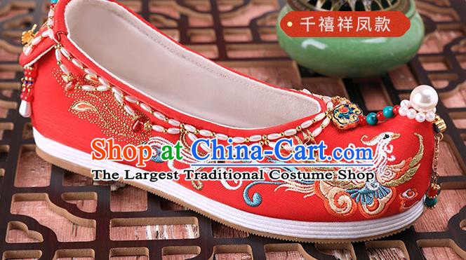 Chinese Traditional Hanfu Red Shoes Ancient Bride Wedding Pearls Shoes Embroidered Phoenix Shoes