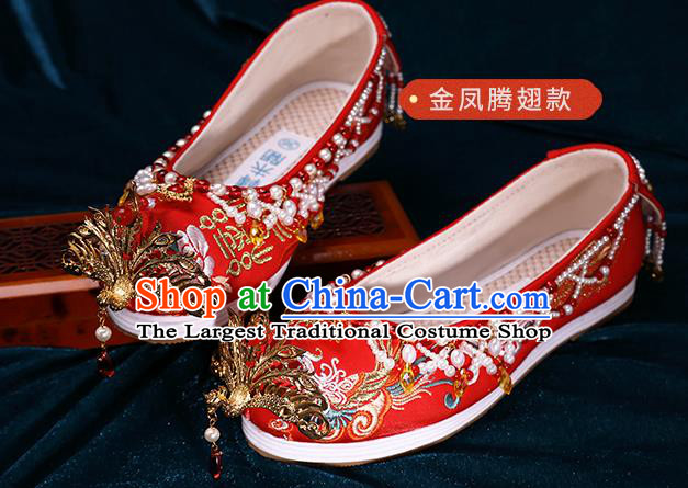 Chinese Traditional Hanfu Golden Phoenix Shoes Ancient Bride Wedding Shoes Red Embroidered Shoes