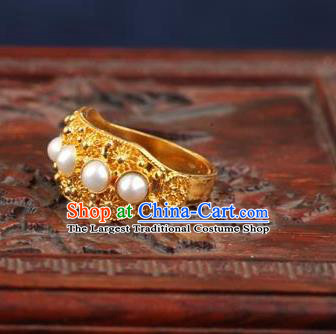 China Ancient Qing Dynasty Golden Circlet Traditional Court Pearls Ring