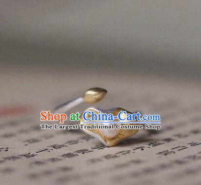 China Ancient Qing Dynasty Golden Lotus Leaf Circlet Traditional Court Pearl Ring