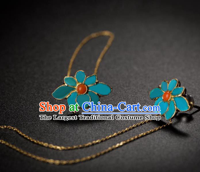 China National Agate Earrings Traditional Qing Dynasty Empress Blue Lotus Ear Accessories