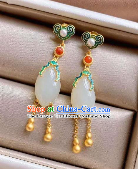 China Traditional Cheongsam White Jade Ear Accessories National Qing Dynasty Court Tassel Earrings