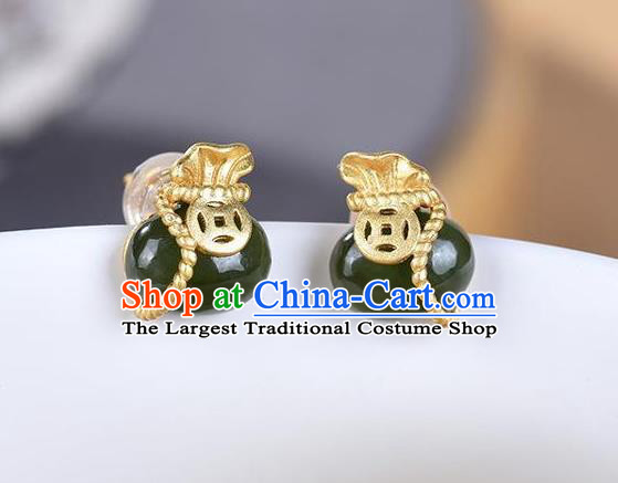 China Traditional Cheongsam Golden Copper Ear Jewelry Accessories National Jade Lucky Bag Earrings