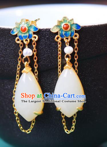 China Traditional White Jade Ear Jewelry Accessories National Cheongsam Enamel Lotus Earrings