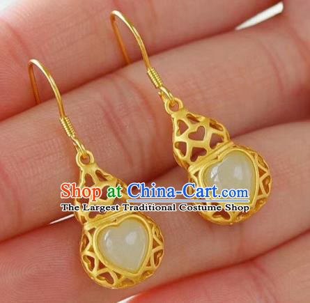 China Traditional Jade Heart Ear Jewelry Accessories National Cheongsam Golden Gourd Earrings