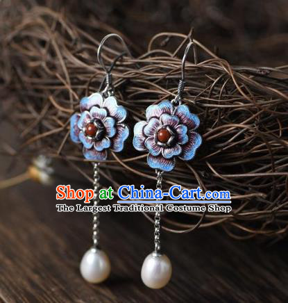 China Traditional Cloisonne Peony Ear Jewelry Accessories National Cheongsam Pearl Tassel Earrings