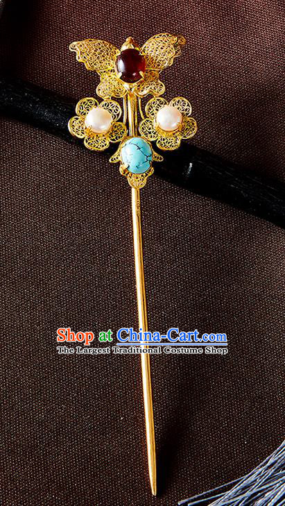 China Handmade Pearls Hair Jewelry Accessories Traditional Qing Dynasty Golden Filigree Butterfly Hairpin