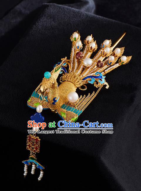 China Handmade Golden Phoenix Hair Crown Jewelry Accessories Traditional Ming Dynasty Blueing Pearls Hairpin