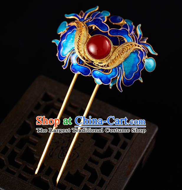 China Handmade Blueing Butterfly Hair Stick Jewelry Accessories Traditional Qing Dynasty Empress Agate Hairpin