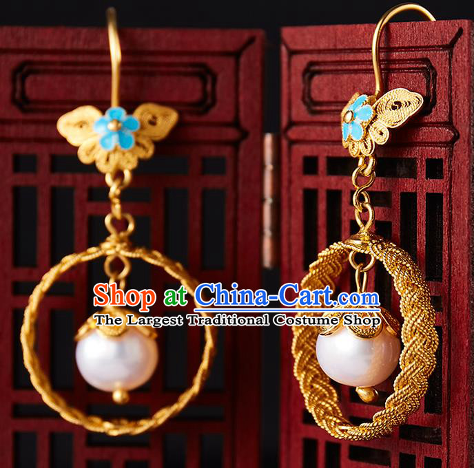 China Traditional Qing Dynasty Golden Ear Jewelry Accessories Ancient Empress Pearl Earrings