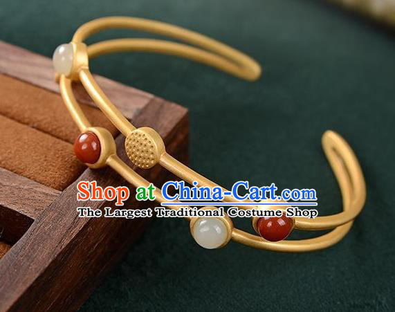 China Handmade White Chalcedony Bracelet Accessories Traditional Golden Bangle Jewelry