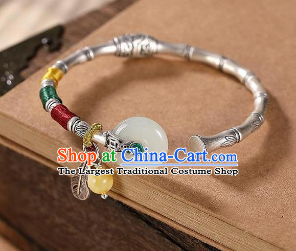 China Handmade Jade Peace Buckle Bracelet Accessories Traditional Silver Bamboo Bangle Jewelry