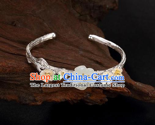 China Handmade Silver Bracelet Accessories Traditional White Jade Plum Bangle Jewelry