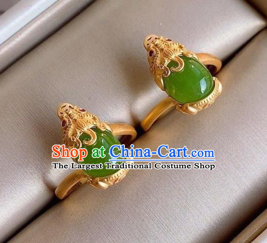 Chinese Classical National Golden Pi Xiu Circlet Handmade Chrysoprase Ring Jewelry Accessories