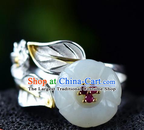 Chinese Classical Jade Plum Blossom Circlet Handmade Jewelry Accessories National Silver Carving Ring