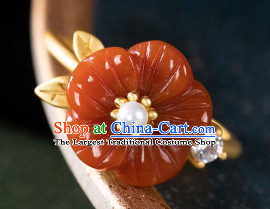 Chinese Classical Golden Pearl Circlet Handmade Jewelry Accessories National Agate Plum Ring