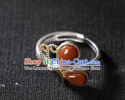 Chinese National Silver Butterfly Ring Handmade Jewelry Accessories Classical Agate Circlet