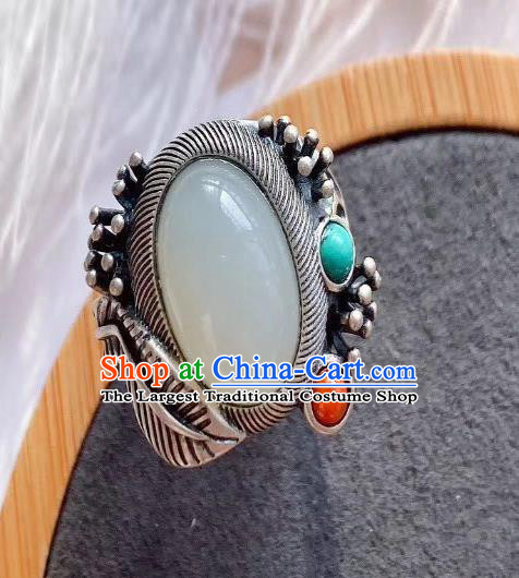 Chinese National Silver Ring Handmade Jewelry Accessories Classical White Chalcedony Circlet