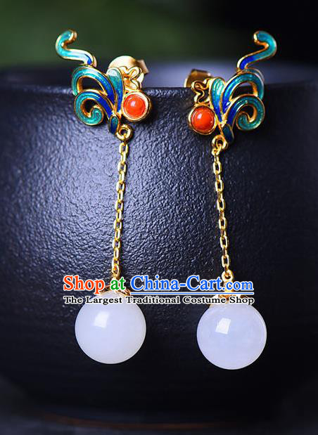 China Traditional Qing Dynasty Cloisonne Ear Jewelry Accessories National Cheongsam Jade Bead Earrings