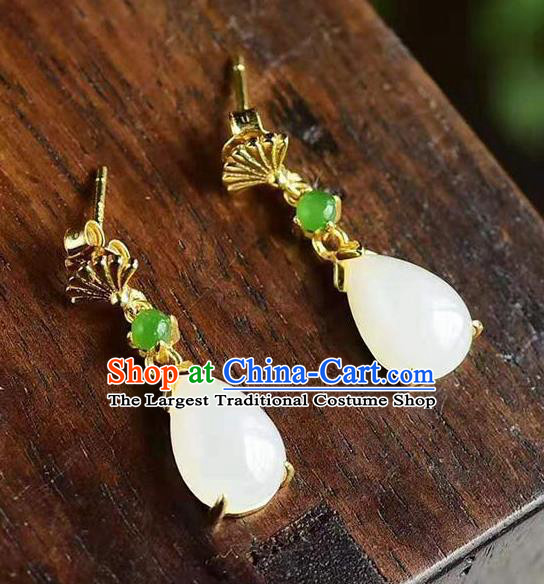 China Traditional Golden Fan Ear Jewelry Accessories National Cheongsam Jade Earrings