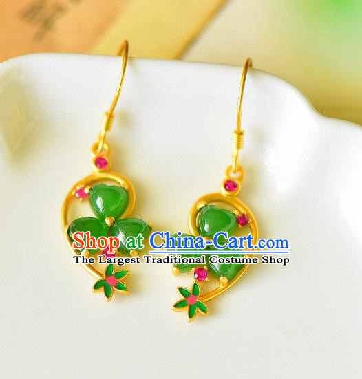 China Traditional Green Jade Ear Jewelry Accessories Classical Cheongsam Golden Earrings