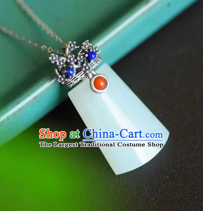 China Traditional Cheongsam Jade Necklace Jewelry Handmade Silver Plum Necklet Pendant Accessories