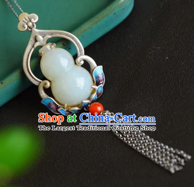 China Traditional Cheongsam Jade Gourd Necklace Jewelry Handmade Silver Tassel Necklet Pendant Accessories