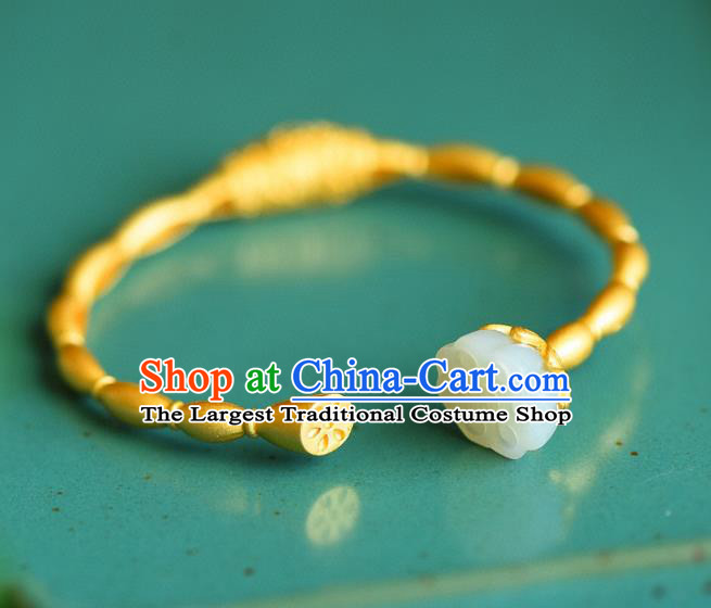 China Handmade Jade Lotus Seedpod Bracelet Accessories Traditional National Golden Bangle Jewelry