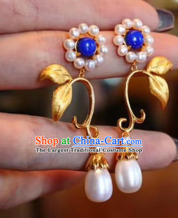 China Traditional Golden Flower Ear Jewelry Accessories Classical Cheongsam Pearls Earrings