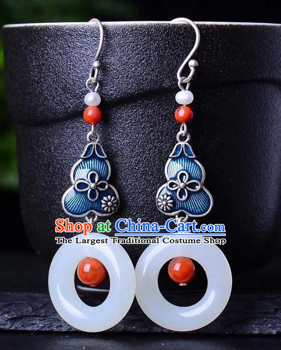 China Traditional Jade Peace Buckle Ear Jewelry Accessories Classical Cheongsam Blueing Gourd Earrings