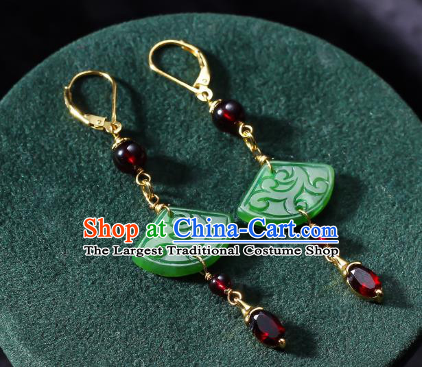 China Traditional Garnet Ear Jewelry Accessories Classical Cheongsam Jade Fan Earrings