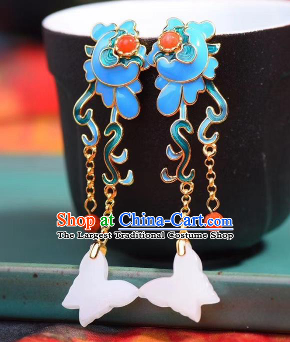 China Traditional White Jade Butterfly Ear Jewelry Accessories Classical Cheongsam Blueing Earrings