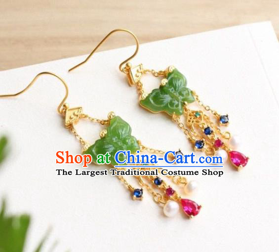 China Traditional Jade Butterfly Ear Jewelry Accessories Classical Cheongsam Crystal Tassel Earrings