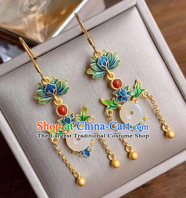 China Traditional Golden Tassel Jade Ear Jewelry Accessories Classical Cheongsam Blueing Lotus Earrings