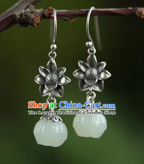 China Traditional Hetian Jade Ear Jewelry Accessories Classical Cheongsam Silver Lotus Earrings