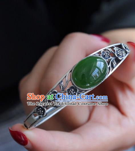 China Handmade Silver Carving Plum Bracelet Accessories Traditional National Chrysoprase Bangle Jewelry