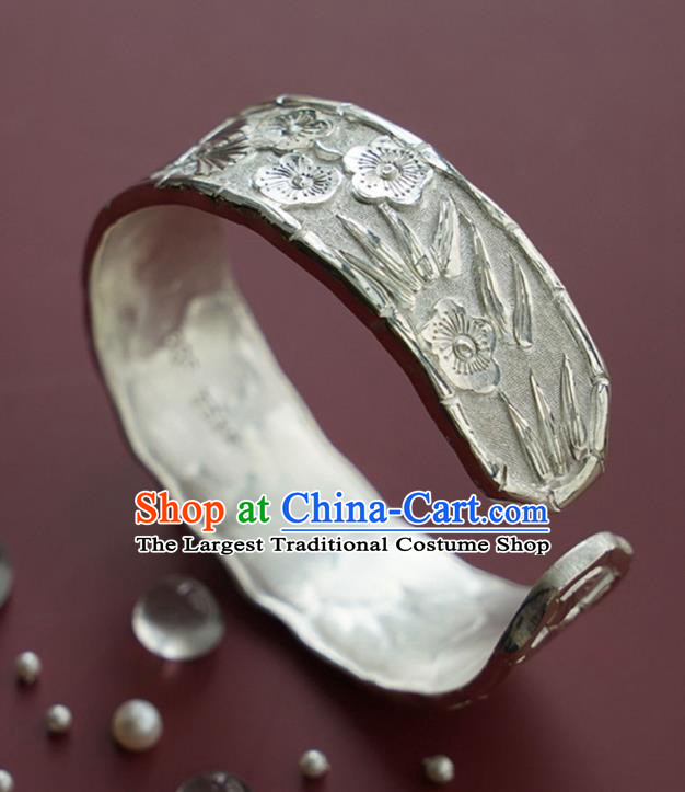 China Handmade Silver Bracelet Accessories Traditional National Carving Pine Bamboo Plum Bangle Jewelry